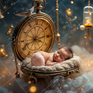 May include: A newborn baby sleeping soundly in a vintage pocket watch cradle, surrounded by twinkling lights and delicate fairy wings. The watch face is visible, adding a whimsical touch to the scene.