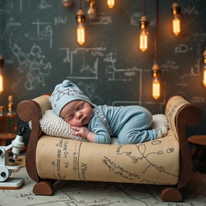 May include: A sleeping baby wearing a blue outfit and hat rests on a small, vintage-style bed. The bed is made of wood and features a scroll design with scientific diagrams. Edison bulbs hang in the background, creating a warm, inviting atmosphere.