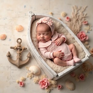 May include: A baby in a pink outfit and bonnet, asleep in a white boat-shaped prop. The image features an anchor, seashells, and floral decorations on a map-style background, evoking a nautical theme.