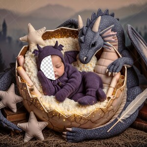 May include: A newborn baby in a purple dragon costume rests in a decorative eggshell, nestled on a bed of fluffy white material. A large, gray dragon figure surrounds the egg. The scene includes star-shaped pillows, scrolls, and books.