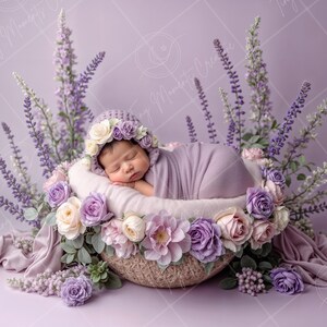May include: A newborn baby girl sleeping in a purple flower basket with a lavender flower crown. The basket is surrounded by purple flowers and greenery.
