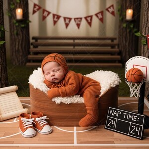 May include: A baby in an orange basketball-themed outfit sleeps in a wooden bed. The scene includes a basketball hoop, a scoreboard reading "NAP TIME 24", and miniature orange trainers. A banner reads "TEAM".
