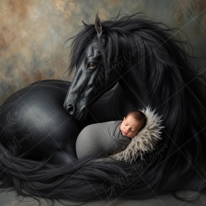 Peut inclure: Un nouveau-né dort paisiblement dans une couverture douce et grise, blotti dans la longue crinière noire d'un cheval.
