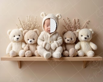 PSD: Gesicht einfügen Teddybär Regal, Neugeborenes digitales Gesicht ersetzen Hintergrund | Neugeborenen digitalen Hintergrund | Fügen Sie ein Gesicht Prop