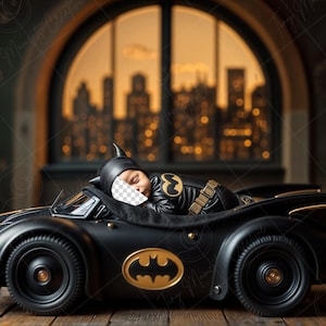 May include: A black toy car with gold accents and a Batman logo on the front. A baby dressed in a Batman costume is sleeping in the car. The background features a cityscape and a wooden floor.