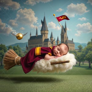 May include: A baby dressed in a red and gold robe sleeps on a brown broomstick with a white fluffy cloud underneath. The baby is flying over a green grassy field with a castle in the background.
