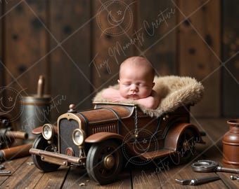 Vintage Wooden Car | Rustic Baby Prop | Newborn Digital Backdrop