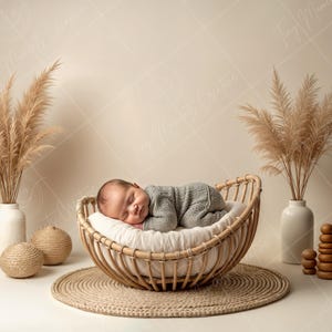 May include: A newborn baby sleeping in a woven wicker basket with a soft white cushion. The basket is on a woven rug with dried pampas grass in vases on either side.