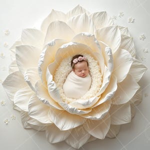 May include: A newborn baby sleeping in a white flower-shaped prop. The flower is made of paper and has a soft, fluffy texture. The baby is wearing a white swaddle and a pink headband.