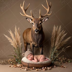 May include: A newborn baby wearing a knit hat is nestled in a wooden bowl, surrounded by dried plants and leaves. A large deer with impressive antlers stands behind the baby, creating a woodland theme.