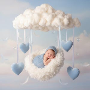 Newborn Digital Backdrop with Serene Sky and Fluffy Cloud Cradle for Enchanting Photography Composites