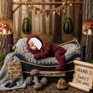 May include: A baby in a burgundy outfit sleeps peacefully in a small, dark-colored bed with rope detailing. The scene is set in a forest with decorative mushrooms, hanging greenery, and a banner. A sign reads "Champion Loins Toue Nap."