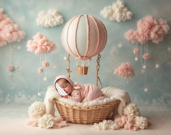 PSD: Face Insert Hot Air Balloon Dream Scene, Newborn Digital Face Replace Backdrop | Newborn Digital Backdrop