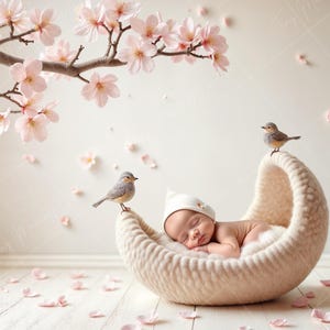 May include: A newborn baby wearing a white knitted hat sleeps in a cream-colored crescent-shaped woven basket. Two small gray birds are perched on the basket and a branch of pink cherry blossoms hangs above.