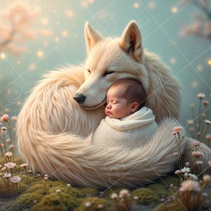 May include: A white wolf with a fluffy tail cuddles a sleeping baby wrapped in a white blanket. The scene is set in a magical forest with soft, glowing lights and delicate pink flowers.