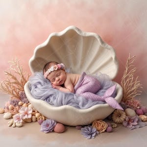 Könnte beinhalten: Ein neugeborenes Baby, das eine lila Meerjungfrauenflosse und eine Blumenkrone trägt, schläft in einer weißen Muschel-Requisite. Die Muschel ist von rosa und weißen Blumen und Korallen umgeben.