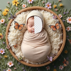 May include: A newborn baby wrapped in a cream-colored blanket is sleeping in a wooden bowl surrounded by a floral arrangement of green leaves, pink and yellow flowers, and butterflies.