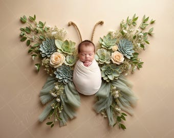 Newborn Digital Backdrop | Succulent Butterfly Wings, Neutral Green Garden Baby Photography Background