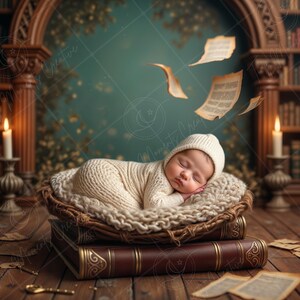 Könnte beinhalten: Ein schlafendes Baby in einem weißen Strickoutfit liegt in einem Weidenkorb auf zwei antiken Büchern. Der Korb ist von alten Bücherregalen und Kerzen umgeben.