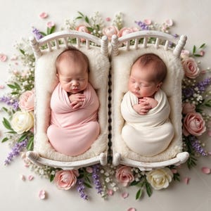 May include: Two babies asleep in a white wooden cot with a white fluffy mattress. The cot is surrounded by a floral arrangement of pink and white flowers and purple lavender.