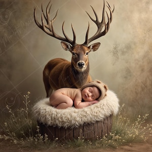 May include: A newborn baby sleeping peacefully on a faux fur cushion with a large brown deer standing behind the cushion. The baby is wearing a brown knitted hat.