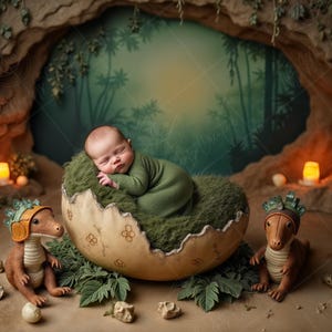 Könnte beinhalten: Ein Neugeborenes schläft in einem grünen, nestartigen Ei mit zwei Dinosaurierfiguren auf jeder Seite. Der Hintergrund ist eine Höhle mit einem grün-braunen Hintergrund.