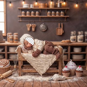 Puede incluir: Un bebé vestido con un atuendo de chef duerme en una cama de madera en una cocina. La escena incluye utensilios para hornear, cupcakes y un letrero de pizarra que dice "CAFE MENU".