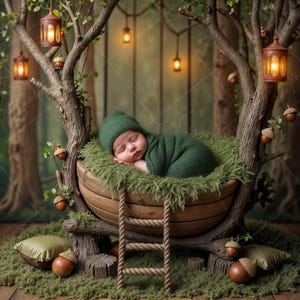 May include: A newborn baby sleeping in a green knitted wrap inside a wooden bowl with a rope ladder. The bowl is surrounded by green moss and small brown acorns. The background is a woodland scene with trees and lights.