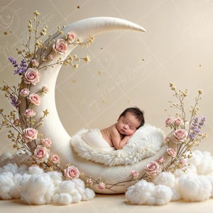 Könnte beinhalten: Ein neugeborenes Baby schläft auf einer weißen Halbmond-Requisite, die mit rosa Rosen und Grün verziert ist. Der Mond ist von flauschigen weißen Wolken umgeben.