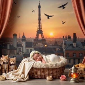 Può includere: Un bambino che dorme in un cesto di vimini con una coperta bianca, circondato da tre gattini tabby arancioni. Lo sfondo è un'immagine panoramica della Torre Eiffel a Parigi, Francia, con un cielo al tramonto.