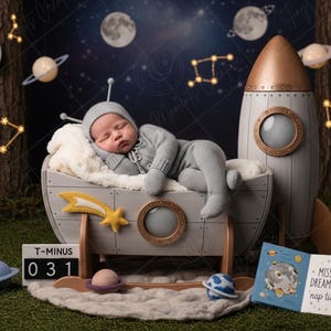 Puede incluir: Un bebé recién nacido con un traje de astronauta gris duerme en una cama con forma de nave espacial. La escena incluye un cohete, planetas, estrellas y un libro con el texto "MISSION DREAMLAND nap time."
