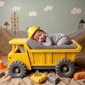 May include: A yellow toy dump truck with a sleeping baby wearing a yellow hard hat and gray clothing. The truck is on a brown surface with orange traffic cones.