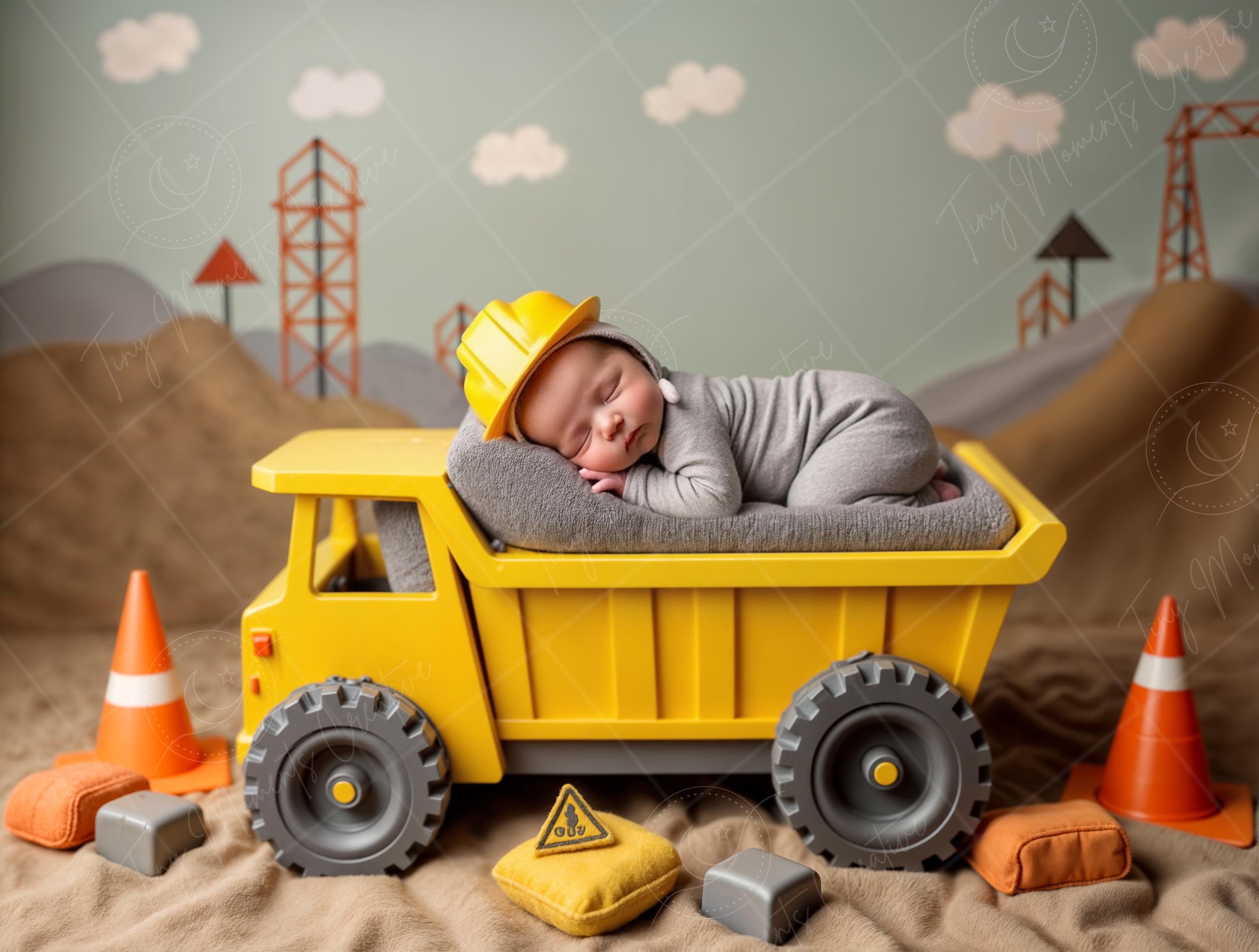 Newborn Digital Backdrop | Yellow Dump Truck Cradle with Construction Props, Builder Baby Photo Scene