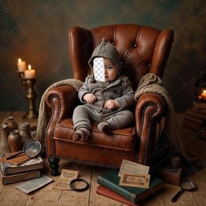 May include: A baby in a grey outfit and hat sits in a brown leather armchair. The scene is set with candles, books, and a magnifying glass, creating a vintage, scholarly atmosphere. A cosy blanket drapes over the chair.