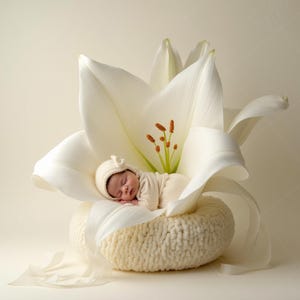 May include: A newborn baby wearing a cream-colored outfit and hat, peacefully sleeping inside a large white lily flower. The flower rests on a cream-colored knitted cushion, with soft, flowing petals and ribbons.