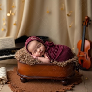 Newborn Digital Backdrop | Music Box Cradle with Violin and Piano, Musical Baby Studio Scene