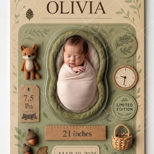 PSD : carte de collection faire-part de naissance en forêt | Toile de fond numérique pour nouveau-né avec nom et statistiques modifiables | Annonce de bébé PSD