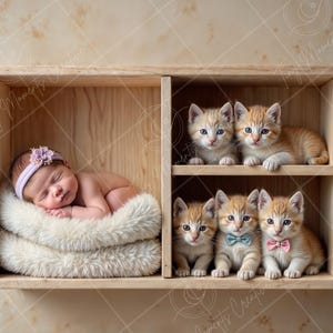 Newborn Digital Backdrop | Wooden Shelf & Kittens | Cozy Pet Photo Prop