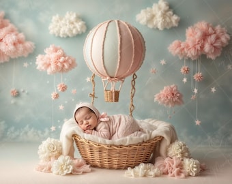 Newborn Digital Backdrop | Dreamy Hot Air Balloon & Floral Clouds, Whimsical Baby Photography Background