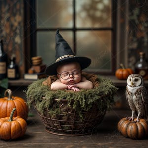 May include: A baby dressed as a witch sleeps in a basket with green moss. The baby is wearing a black witch hat, round glasses, and a brown shirt. The basket is on a wooden surface with pumpkins and an owl.