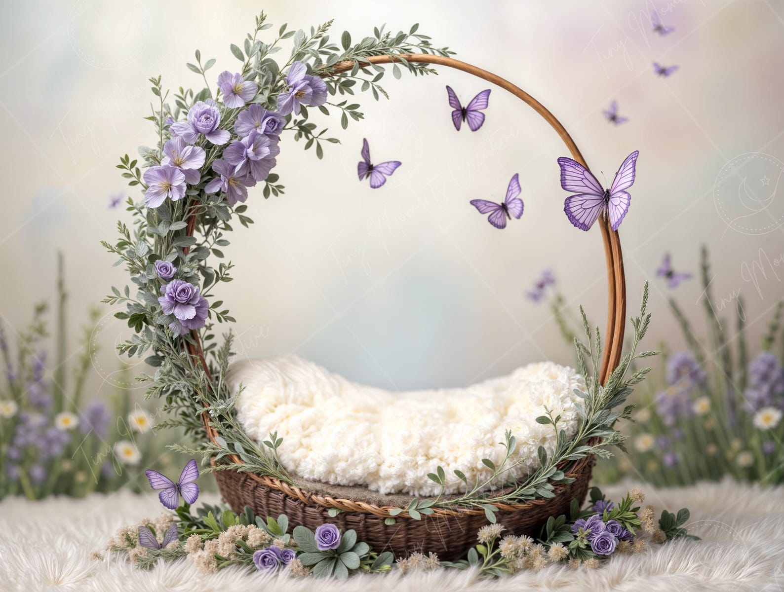 Newborn Digital Backdrop | Lavender Floral Hoop Cradle With Butterflies ...
