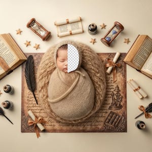 May include: A newborn baby wrapped in a beige blanket, lying in a fluffy, light brown nest. The scene is decorated with open books, hourglasses, scrolls, ink bottles, feathers, and star-shaped ornaments, creating a vintage, literary theme.
