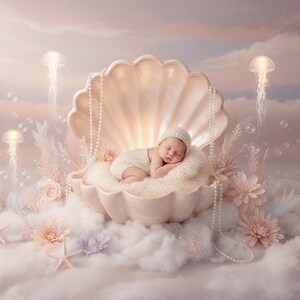 Op de afbeelding: Een slapende baby in een witte outfit en muts rust in een grote, roze schelp. De scène is versierd met parels, bloemen en kwallen, wat een dromerig onderwaterthema creëert. De afbeelding roept een gevoel van vrede op.