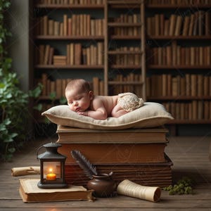 Puede incluir: Un bebé dormido descansa sobre una almohada encima de una pila de libros antiguos en un entorno de biblioteca. Una vela encendida en una linterna, una pluma y un tintero están sobre la superficie de madera. El fondo presenta estanterías y una ventana con vegetación.