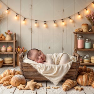 May include: A newborn baby sleeping in a wooden crate filled with soft white fabric. The crate is surrounded by a variety of pastries, including croissants and bread rolls. The background features a rustic wooden shelf with jars and other decorative items.