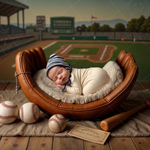 May include: A newborn baby sleeping in a brown leather baseball mitt, surrounded by baseballs. The baby is wearing a blue and white striped hat and a white onesie. The background is a baseball field.