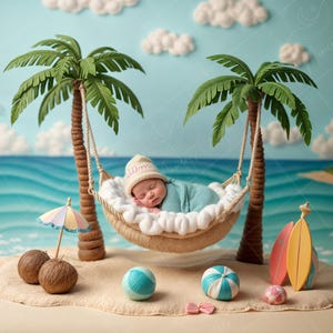 May include: A newborn baby sleeping in a hammock between two palm trees. The hammock is decorated with white fluffy clouds. There are two coconuts, a beach ball, a surfboard, and a small beach umbrella on the sand below the hammock.