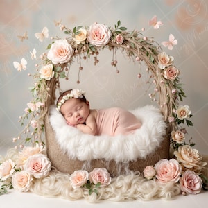 May include: A newborn baby girl sleeping in a brown wicker basket decorated with pink flowers and a white faux fur lining. The basket is surrounded by more pink flowers and a white fluffy rug.