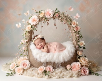 Newborn Digital Backdrop | Boho Floral Arch Cradle with Blush Roses, Soft Pink Baby Prop Scene, Romantic Butterfly Setup