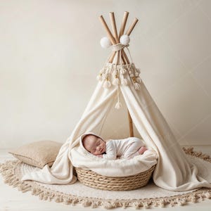 Neugeborenen digitalen Hintergrund | Boho Tipi Wiege mit Quasten & Runder Teppich | Neutrale Babyfotografie Prop